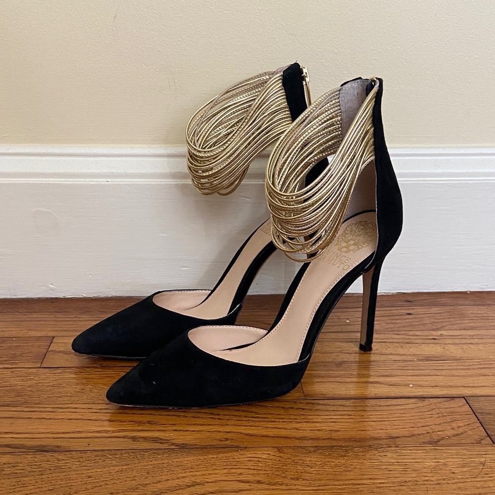 Vince Camuto Black Suede Heel with Gold Ankle Accent